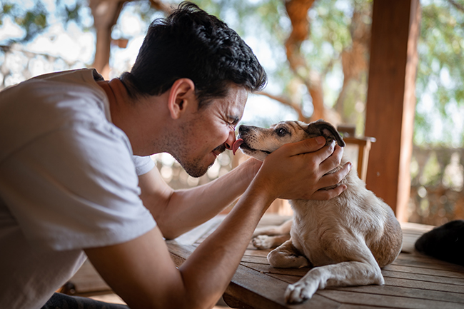 Un hombre sentado en una silla con un perro  Descripción generada automáticamente con confianza media